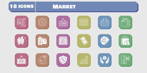 market icon set. included profits, wallet, shop, voucher, discount, shopping basket, trolley, shopping bag, sale, price tag icons on white background. linear, filled styles.