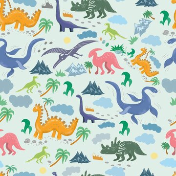 Dinosaurs set of children's pictures illustration hand drawn print cute animals ancient world. Doodle sketch color images pterodaktel diplodocus palms mountains stones seamless pattern