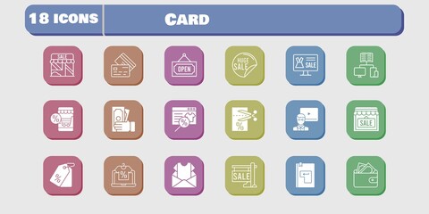card icon set. included newsletter, shop, wallet, voucher, online shop, sale, teacher, money, school, price tag, enter icons on white background. linear, filled styles.