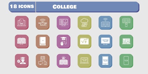 college icon set. included student, learn, maths, book, learning, student-desktop, student-smartphone, cloud library, professor icons on white background. linear, filled styles.
