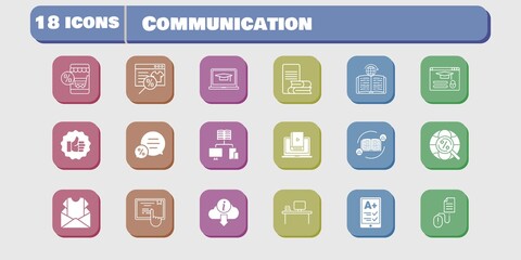 communication icon set. included newsletter, like, learn, touchscreen, learning, login, click, feedback, online shop, ereader icons on white background. linear, filled styles.