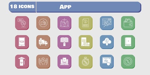 app icon set. included smartphone, wallet, learn, like, discount, touchscreen, delivery truck, online shop, ebook, online-learning icons on white background. linear, filled styles.
