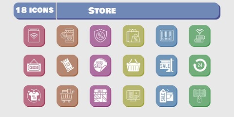 store icon set. included audiobook, shop, book, shopping-basket, trolley, shopping bag, online shop, sale, 24-hours, shirt icons on white background. linear, filled styles.