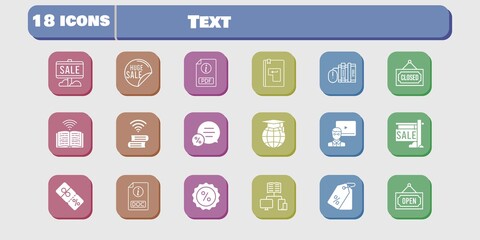 text icon set. included book, discount, sale, teacher, pdf, books, school, chat, price tag, doc, closed, enter, open icons on white background. linear, filled styles.