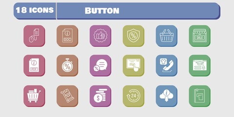 button icon set. included shop, like, touchscreen, login, click, shopping basket, trolley, 24-hours, pdf, money, chat icons on white background. linear, filled styles.
