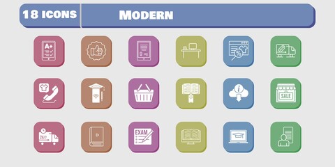 modern icon set. included study, shop, smartphone, like, shopping-basket, delivery truck, exam, tablet, online shop, ereader icons on white background. linear, filled styles.