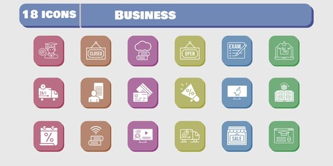 business icon set. included calendar, megaphone, study, shop, book, learning, delivery truck, login, microscope, cloud library icons on white background. linear, filled styles.
