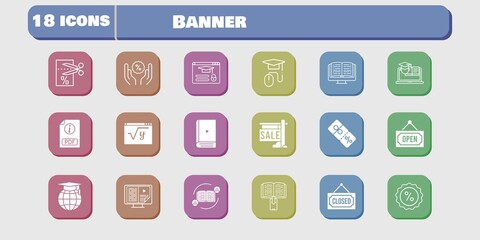 banner icon set. included voucher, maths, discount, training, login, feedback, sale, ebook, pdf, school, elearning, closed icons on white background. linear, filled styles.