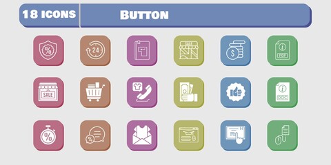 button icon set. included newsletter, shop, like, touchscreen, login, click, 24-hours, pdf, money, chat, shopping cart, doc icons on white background. linear, filled styles.