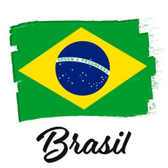 Obraz premium Brasil, flag of Brazil, banner with grunge brush. Independence Day. Background with national country symbol. Vector illustration.