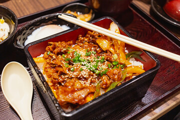 Japanese beef rice bowl in black bowl