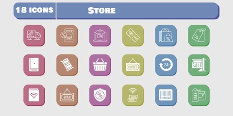 store icon set. included audiobook, book, discount, shopping-basket, delivery truck, trolley, shopping bag, online shop, 24-hours icons on white background. linear, filled styles.