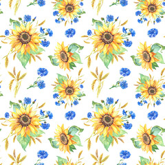 Sunflower with green leaves,cornflower,wheat grain. Seamless pattern of Helianthus on white background.