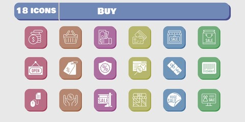 buy icon set. included shop, discount, click, shopping basket, online shop, shopping bag, sale, money, price tag, warranty icons on white background. linear, filled styles.
