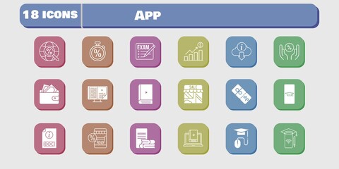 app icon set. included profits, smartphone, wallet, shop, learn, discount, student-smartphone, exam, online shop, ebook icons on white background. linear, filled styles.