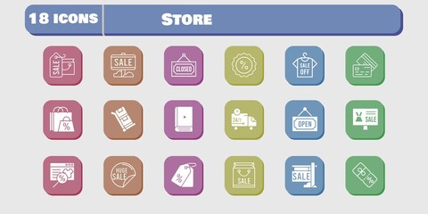 store icon set. included online shop, shopping bag, sale, shirt, ebook, price tag, discount, closed, credit card, delivery truck icons on white background. linear, filled styles.