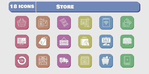 store icon set. included audiobook, shop, delivery truck, shopping basket, trolley, shopping bag, sale, 24-hours, ebook icons on white background. linear, filled styles.
