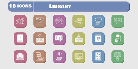 library icon set. included audiobook, learn, homework, book, learning, exam, cloud library, ereader, ebook, books, student icons on white background. linear, filled styles.