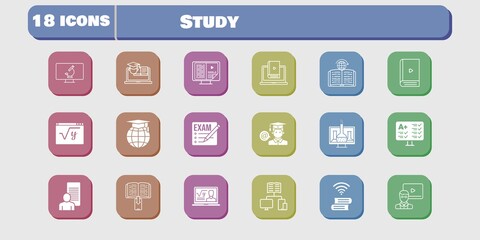study icon set. included chemistry, study, test, learn, student, maths, book, training, learning, microscope, exam, professor icons on white background. linear, filled styles.