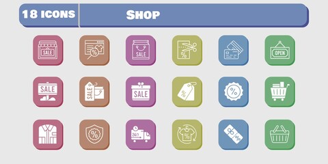 shop icon set. included gift, shop, voucher, discount, delivery truck, shopping basket, online shop, shopping bag, sale icons on white background. linear, filled styles.