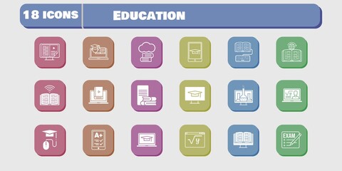 education icon set. included chemistry, homework, learn, maths, book, training, learning, student-desktop, exam, cloud library icons on white background. linear, filled styles.