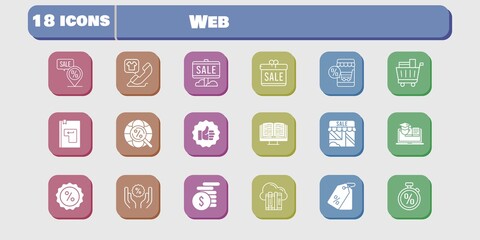 web icon set. included gift, shop, like, discount, training, cloud, online shop, sale, ebook, money, price tag, shopping cart icons on white background. linear, filled styles.