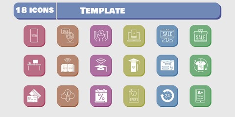 template icon set. included calendar, gift, smartphone, learn, book, discount, login, student-smartphone, 24-hours, ereader icons on white background. linear, filled styles.
