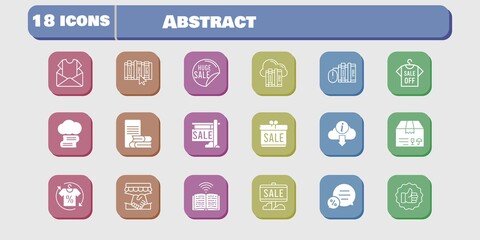 abstract icon set. included gift, handshake, newsletter, package, like, book, cloud, cloud library, sale, shirt, books icons on white background. linear, filled styles.