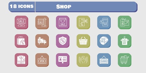 shop icon set. included online shop, shopping bag, sale, shirt, voucher, shopping cart, discount, closed, warranty, shopping-basket icons on white background. linear, filled styles.