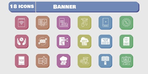 banner icon set. included audiobook, test, voucher, discount, login, cloud library, feedback, cloud, sale, pdf, ebook icons on white background. linear, filled styles.