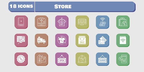 store icon set. included shopping bag, online shop, audiobook, ebook, shirt, book, discount, closed, credit card, delivery truck icons on white background. linear, filled styles.