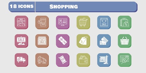 shopping icon set. included online shop, shopping bag, sale, wallet, shop, price tag, shopping cart, discount, shopping-basket icons on white background. linear, filled styles.