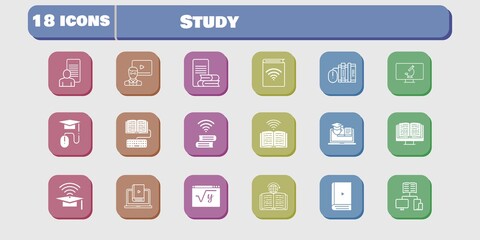 study icon set. included study, audiobook, learn, homework, maths, book, training, learning, microscope, ebook, cap icons on white background. linear, filled styles.