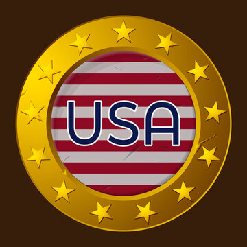 American Flag Round Gold Sticker Or Badge. Made In USA Label. Vector US Icon