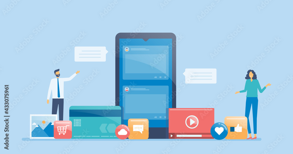 Poster flat vector design social media marketing strategy concept with developer team working concept
