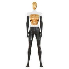 Female abstract tricolor mannequin with decorative inserts standing on a white background. Front view. 3d rendering