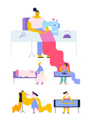 Female fashion designer at her work place. Young woman using a power sewing machine. Tailor with a seamstress mannequin. Isolated flat illustration set