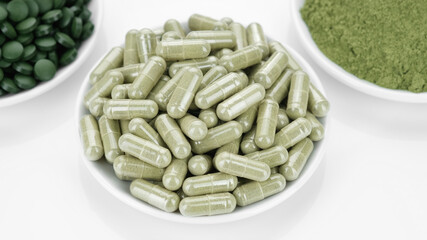 three type of superfoods chlorella or spirulina - powder, tablets, capsules