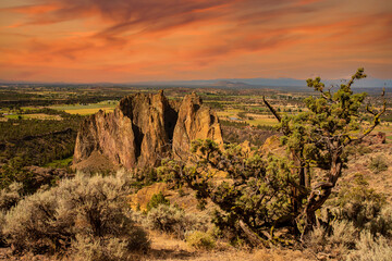 Sage brush, a juniper tree and ome of the giant rock outcroppings in Smith Rock State Park near...