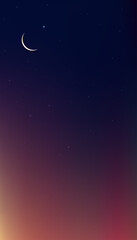 Obraz na płótnie Canvas Night Sky with Crescent Moon and Star, Vertical Dramatic Dark Blue,purple and yellow Sky, Dusk Sky and Twilight,Vector religions symbolic of Islamic or Muslim for Ramadan Kareem, Eid Mubarak banner