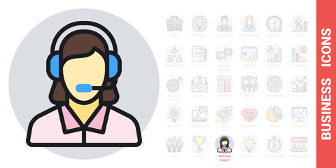 Technical support, customer support or telephone operator icon. Call center concept. Woman in headset answers customer requests. Simple color version from a series of business icons