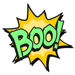 Boo Halloween text in cartoon style. Lettering for print design. Isolated vector illustration on white background