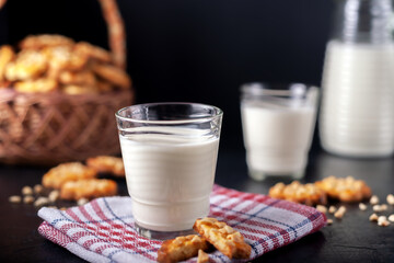 Milk with freshly baked homemade peanut cookies on dark background