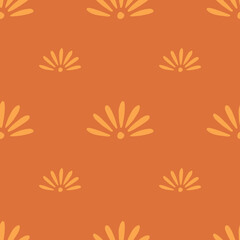 Field flowers seamless pattern with simple style chamomile ornament. Orange background. Doodle artwork.
