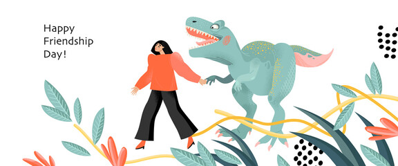 Girl with a dinosaur on the background of plants and decorative elements. Funny friendship day banner