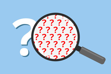 White question mark and magnifier with plenty of red question marks