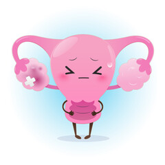 Illustration uterus & inflamed ovary against a blue and white background. Vector cute style cartoon character illustration for applications & medical website. The concept of prevent cervical cancer.