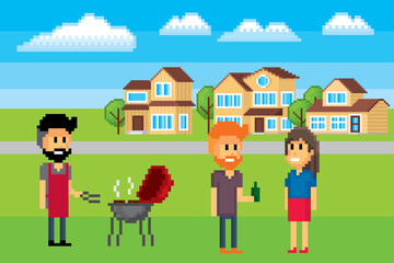 BBQ party. Friends are grilling meat. Pixel icon. Pixel art. Old school computer graphic. 8 bit video game. Game assets 8-bit.