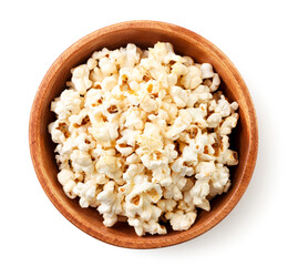 Popcorn in a plate on a white background, isolated. The view from top