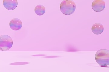 3d render of flying soap bubbles on a pink background, pink